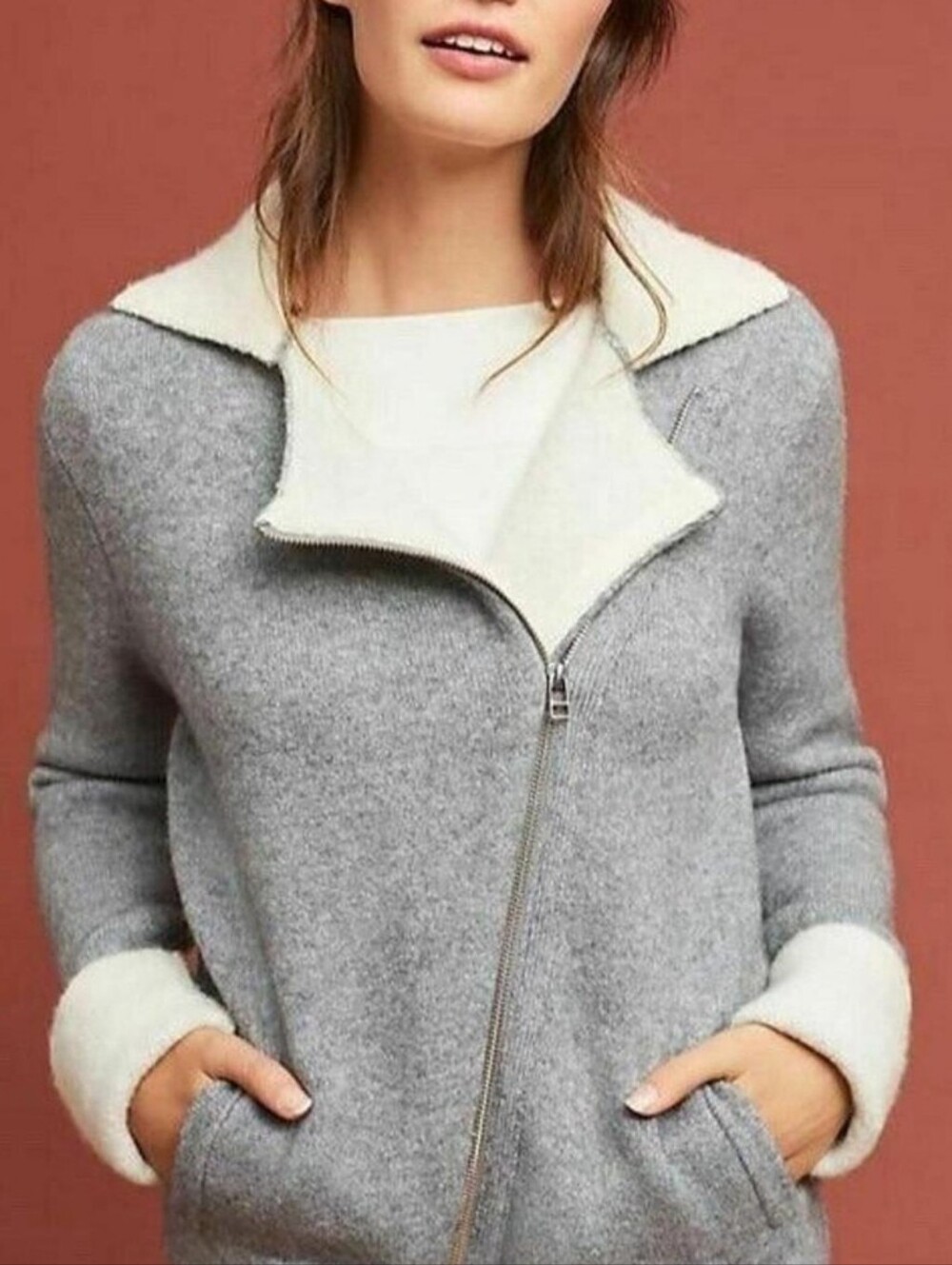ANTHROPOLIGIE Alpaca Blend Gray Knit Moto Jacket Sherpa Lined Slant Zip Pckts LG